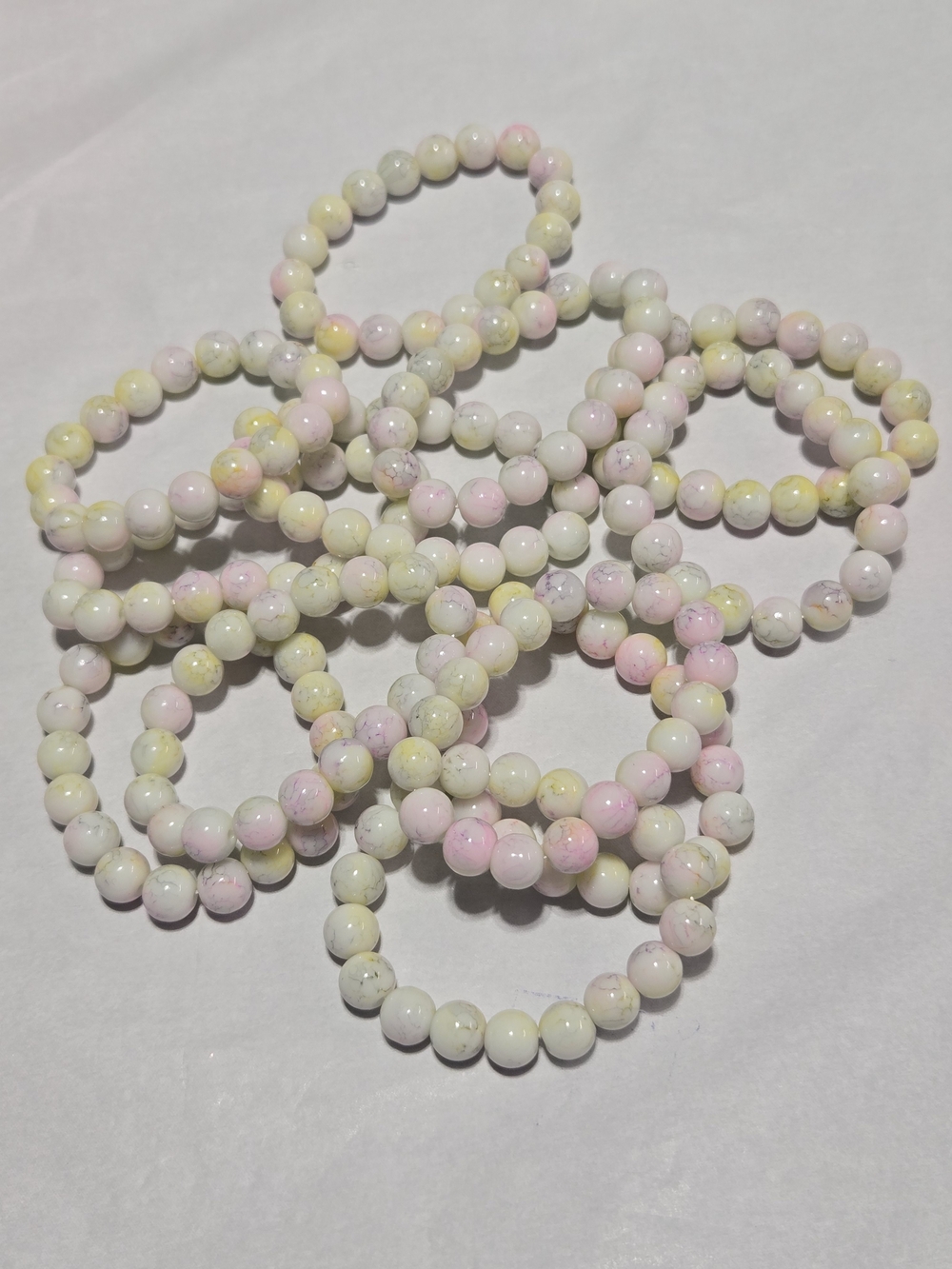 10mm Hand Crafted Pastel Beaded Stretch Bracelet - Pink, Cream & Yellow - For 1